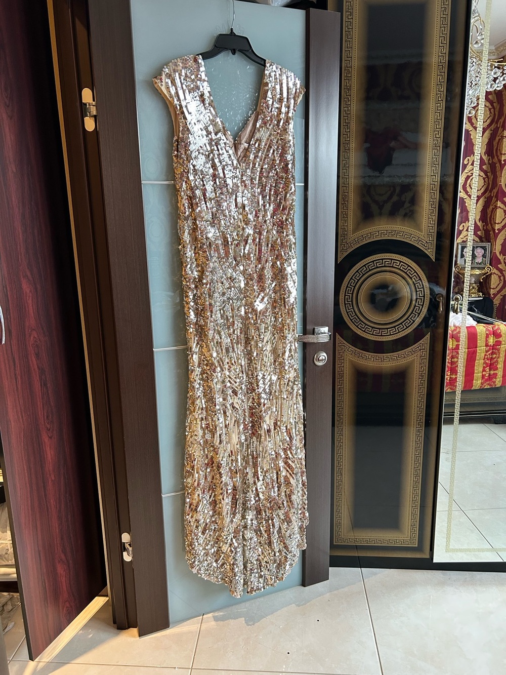 Mac Duggal Gold Sequin V-Neck Maxi Dress
